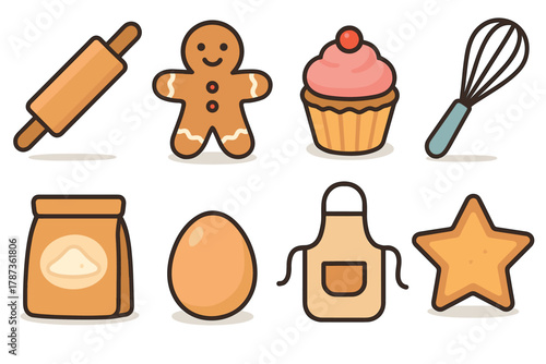 Baking tools and ingredients for holiday treats and desserts. Set of 6 Christmas vector illustration