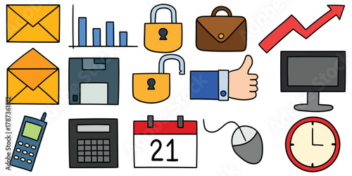 Hand-drawn cartoon business icon set on a white background.