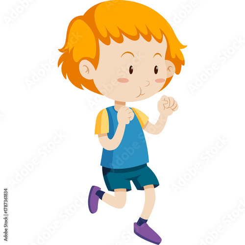 Cartoon illustration of a young boy with short orange hair wearing a blue t-shirt and dark shorts running with his fists clenched in a playful pose on a transparent background