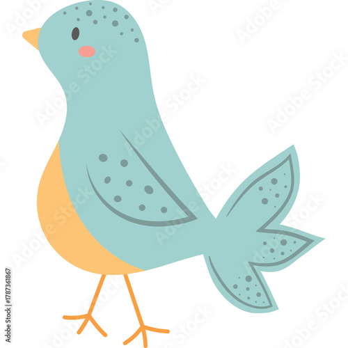 A charming light blue bird with orange belly and pink cheeks stands on thin orange legs against a white background a simple illustration with dots on its wings and tail feathers
