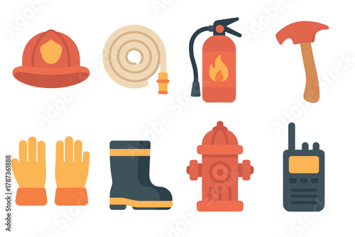 Essential fire safety equipment and tools for firefighters and rescue. Set of 6 Christmas vector illustration