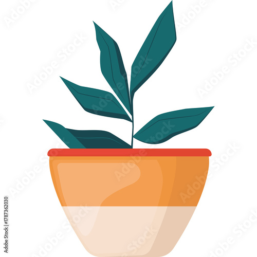 A Potted Plant With Dark Green Leaves In A Two Toned Orange And White Ceramic Pot With A Transparent Background
