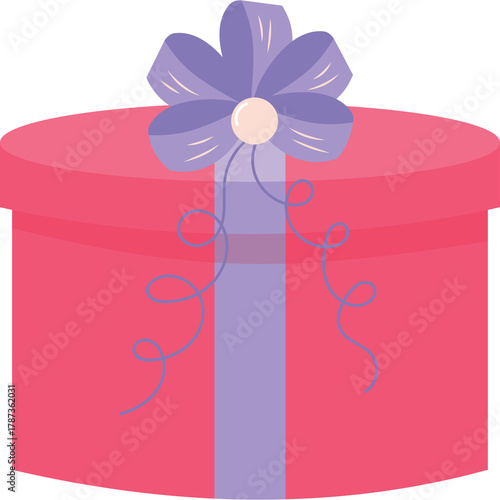 A Pink Round Gift Box with a Purple Ribbon and Bow Tied Around It, Featuring Swirls and a Single Pearl Embellishment on a Transparent Background