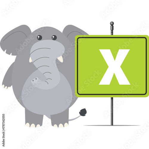 Cartoon Elephant Standing Next To A Green Sign With A Large White Letter X On A Transparent Background