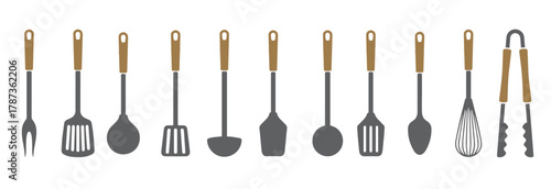 big set of kitchen utensils silhouette spatulas hand