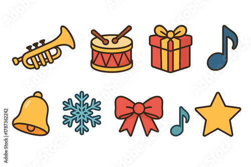 Colorful holiday celebration icons for festive design projects. Set of 6 Christmas vector illustration