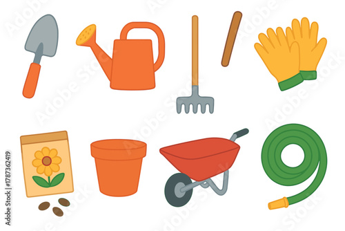 Gardening tools and supplies for planting and landscaping projects. Set of 6 Christmas vector illustration