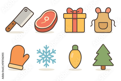 Kitchen tools and holiday items for festive cooking and gift giving. Set of 6 Christmas vector illustration