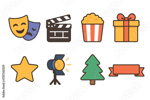 Movie night celebration with popcorn, gifts, and entertainment icons. Set of 6 Christmas vector illustration