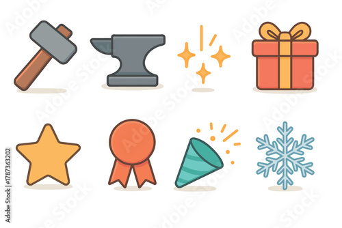 Crafting celebration with tools and festive elements for design. Set of 6 Christmas vector illustration
