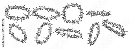 Foto crown of thorns religious symbols set ink vector