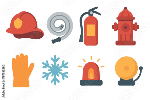Fire safety equipment and symbols for emergency preparedness. Set of 6 Christmas vector illustration
