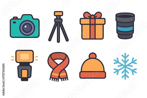 Winter photography essentials for capturing holiday moments. Set of 6 Christmas vector illustration