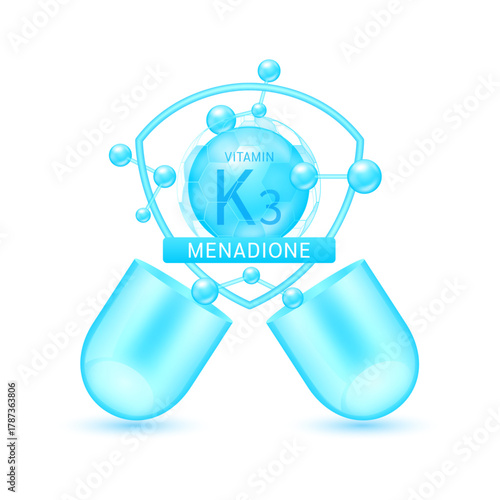 Blue menadione vitamin K3 in shield surrounded by atoms molecules float out of the open capsule on white background. Pill drug vitamins complex. For design dietary supplement products. 3D vector.