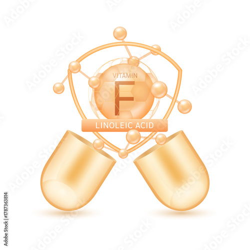 Orange linoleic acid vitamin F in shield surrounded by atoms molecules float out of the open capsule on white background. Pill drug vitamins complex. For design dietary supplement products. 3D vector.