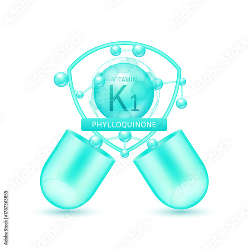 Green phylloquinone vitamin K1 in shield surrounded by atoms molecules float out of the open capsule on white background. Pill drug vitamins complex. For design dietary supplement products. 3D vector.
