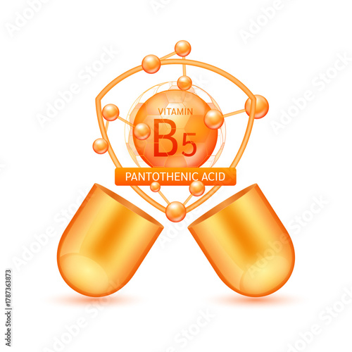 Orange pantothenic acid vitamin B5 in shield surrounded by atoms float out of the open capsule on white background. Pill drug vitamins complex. For design dietary supplement products. vector.