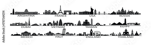 famous landmark of country in Asia Europe and America silhouette style with black and white classic color design include by country name
