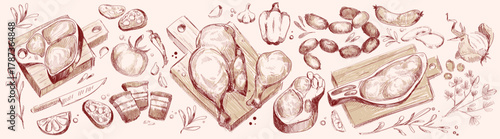 Raw meat piece with vegetable sketch set - beef or pork, chicken and steak vector illustration. Engraved butcher shop assortment on wooden boards with herbs, garlic, peppers in vintage culinary style.