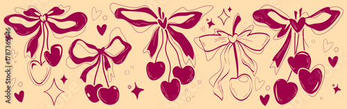 Cherry ornaments with ribbon bows in vintage coquette style - burgundy hearts, sparkles and cute print elements on beige background. Romantic decorative set for feminine branding or packaging.