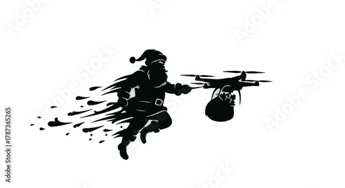 Santa Claus speeding with a drone delivering gifts, symbolizing modern Christmas logistics