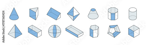 geometric shapes line icons set in blue and gray basic