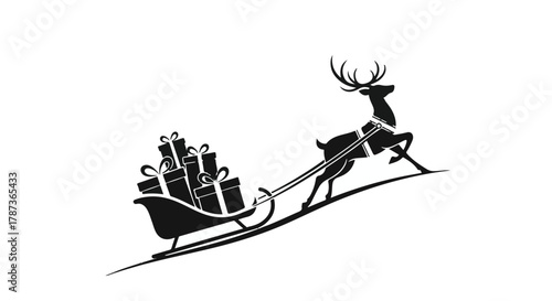 Festive reindeer pulls a sleigh laden with gifts through the night sky