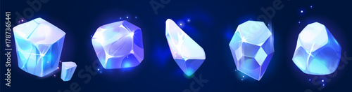 Game crystal gem collection - blue diamond gemstone. ice stones with magic glow and sparkles on dark background. Frozen jewel treasure assets for fantasy rpg or match three puzzle mechanics.