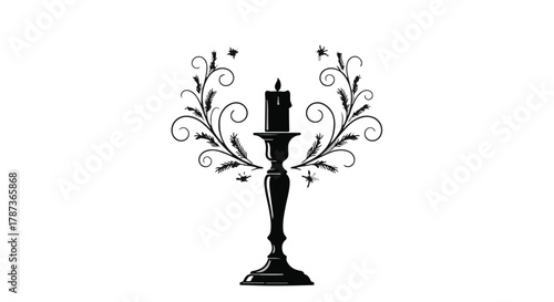Elegant black candlestick with burning flame and decorative branches