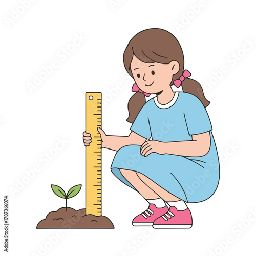 little girl checking the measurement  is a plant
