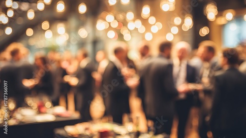 Blurred image of business professionals networking at a corporate banquet event, focus on business and entrepreneurship, ideal for business meetings, conferences, networking events, and professional g