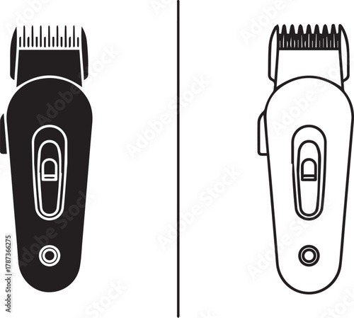 Electric hair clipper and trimmer vector icon set solid black and outline graphic.