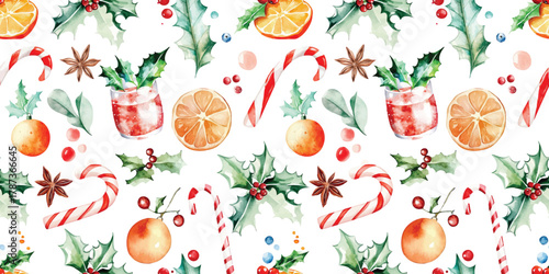 Watercolor Christmas seamless pattern with Holly Leaves and Berries background fabric repeated tile wallpaper or greeting cards design