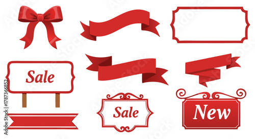 Red banner vector collection with blank sale labels, Christmas celebration award decoration, and ribbon shape design set illustration