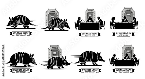 Set of eight black and white illustrations featuring armadillos and business people, labeled business delay bestseller