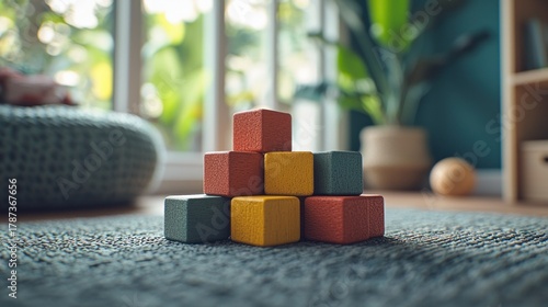 Stack of colorful wood blocks on rug, blurred room backdrop, daytime light