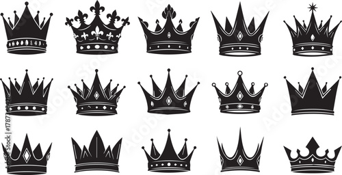 Black vector crown silhouettes set isolated on white background for royalty symbols or king logos