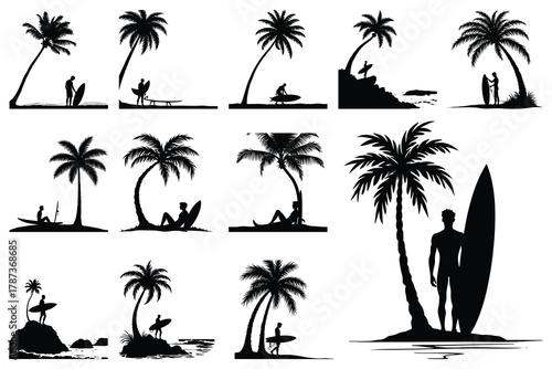 Collection of black silhouettes of surfers and palm trees