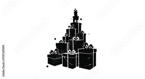 Stack of wrapped gift boxes creatively arranged in a festive tree shape