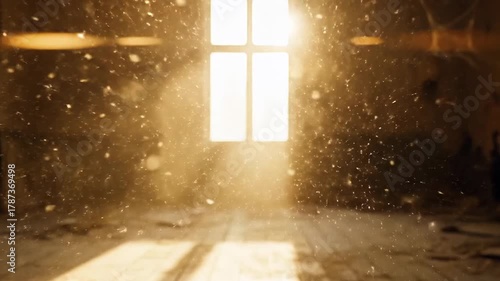 Sunlit dust in abandoned wooden room