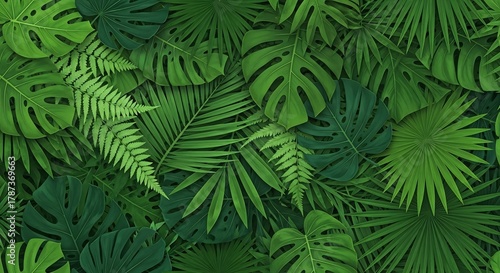 Dense green jungle foliage monstera ferns palm leaves create a vibrant layered botanical texture