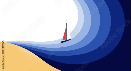 A Minimalist Illustration of a Sailboat on the Ocean with Waves