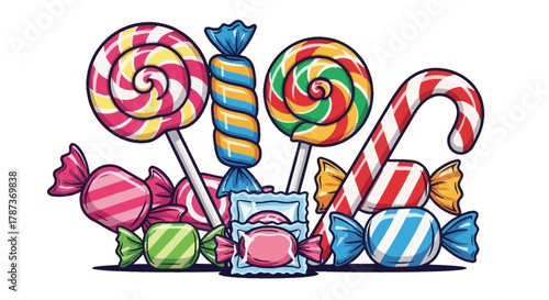 Candy Collection Delicious Lollipops, Wrapped Sweets, and Striped Canes