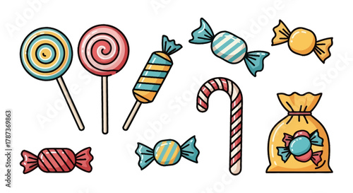 Assorted Candy Collection Lollipops, Wrapped Sweets, and Candy Cane