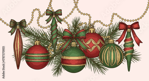 Christmas Baubles and Garland Festive Holiday Decoration Illustration