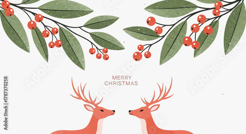 Christmas card with deers and branches in festive decor. A warm holiday card with festive charm