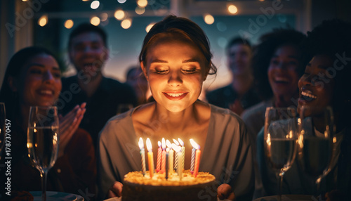 Wallpaper Mural Young woman surrounded by friends smiles joyfully while blowing out candles on birthday cake at festive evening celebration, warm lights and laughter create cozy atmosphere Torontodigital.ca