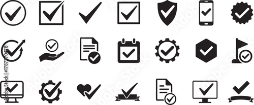  Black check mark icon set collection vector. Ideal for approval, verification, and business design.