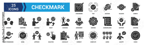 Checkmark icon set. Containing check, accept, agree, selected, confirm, approve, correct, complete, checklist, and verified icons. Glyph icon collection.