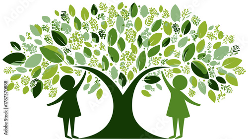 Two children silhouettes reaching up to a vibrant green tree, symbolizing nature care, growth, and environmental sustainability.